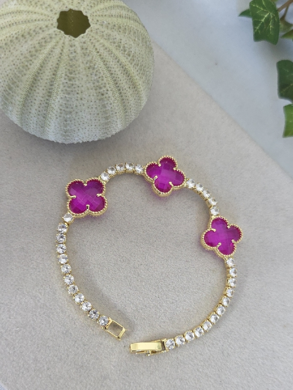 Dainty Gold Filled Cubic Zirconia & Magenta Clover Tennis Bracelet